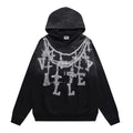 VALEFOREVER Black Chain Letter Distressed Zip Up Hoodie