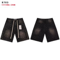VALEFOREVER Black Sanded Denim Shorts Full Rhinestone Studded